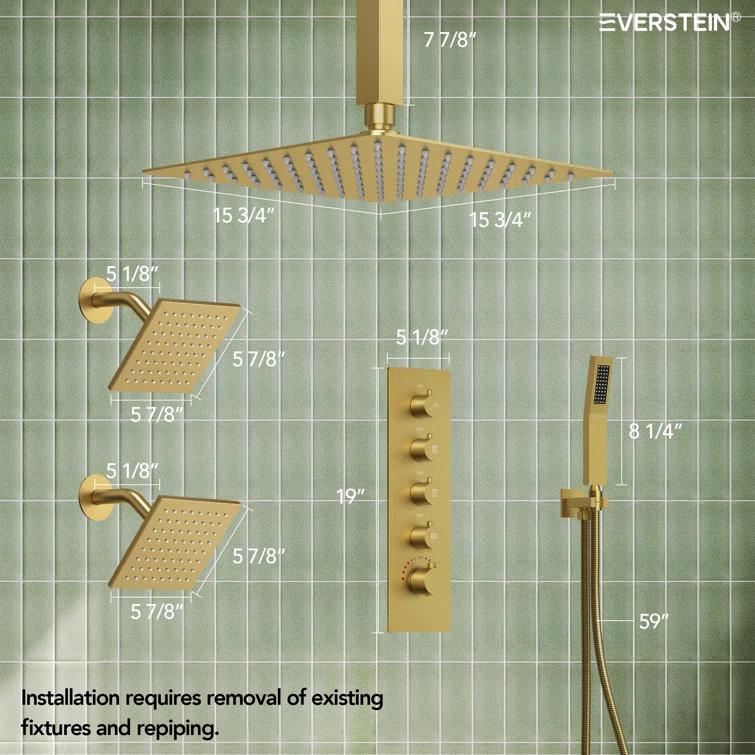 Thermostatic Shower Faucet 16" High-Pressure Triple Showerheads with Rough-In Valve