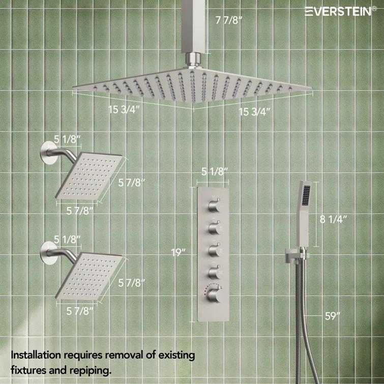 Thermostatic Shower Faucet 16" High-Pressure Triple Showerheads with Rough-In Valve