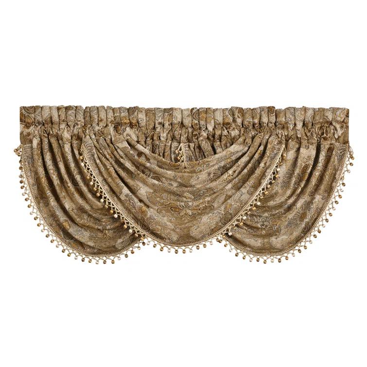 Natural Chenille Damask Waterfall Valance with Tassel Fringe