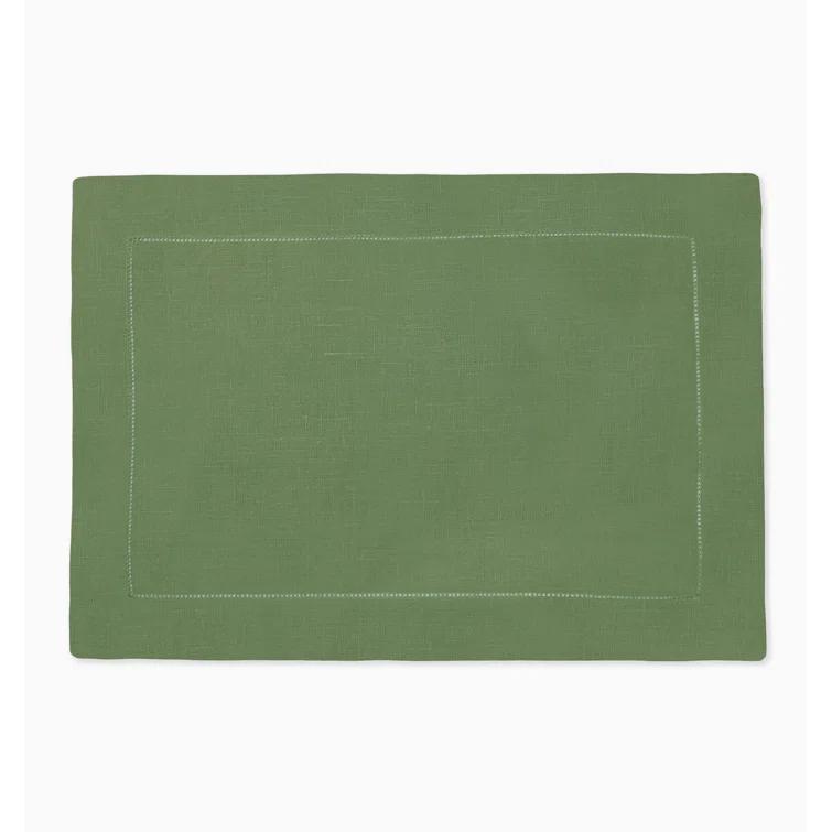 Olive Green Linen Placemat Set with Hemstitch