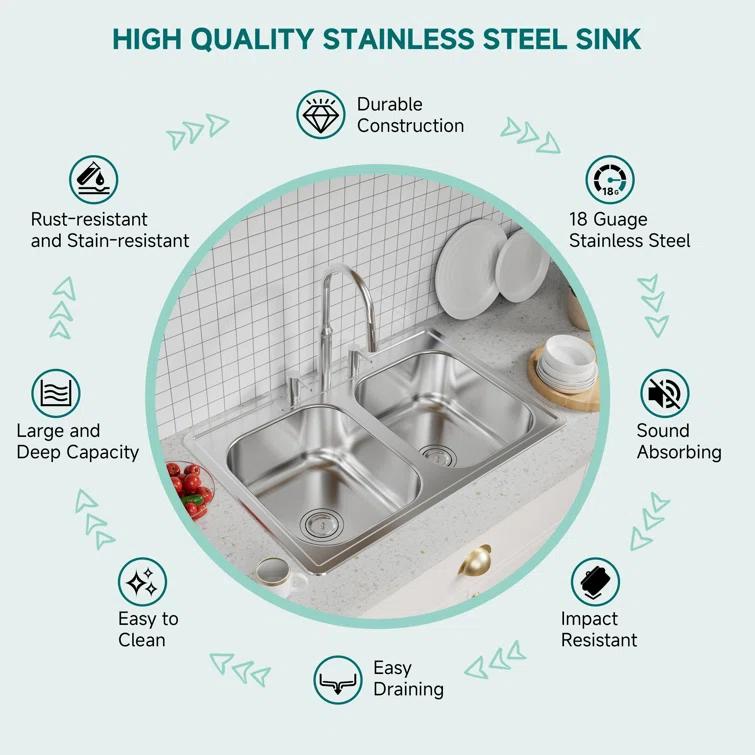 KDK HOME KH-3322T+Grid KDK HOME 33" x 22" Drop In Kitchen Sink 50/50 Double Bowl Sink with Bottom Grid & Basket Strainer