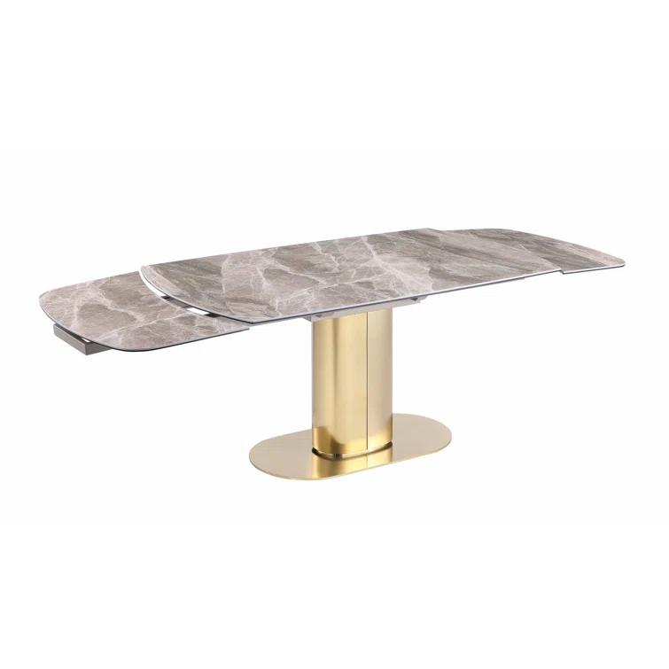 Dining Set w/ Extendable Marbleized Ceramic Table & 2Tone Chairs w/ Golden Accents
