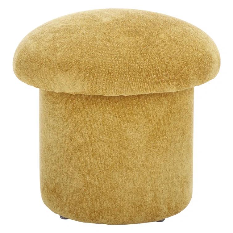 Mustard Yellow Upholstered Round Ottoman with Solid Wood Base