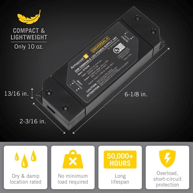 Armacost Lighting Universal+ Dimmable LED Driver 24V DC, Electronic Transformer ELV/MLV/TRIAC 870240