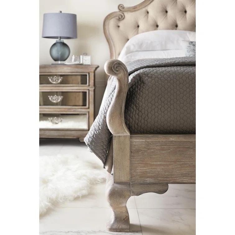 Weathered Oak King Bed with Tufted Upholstered Headboard