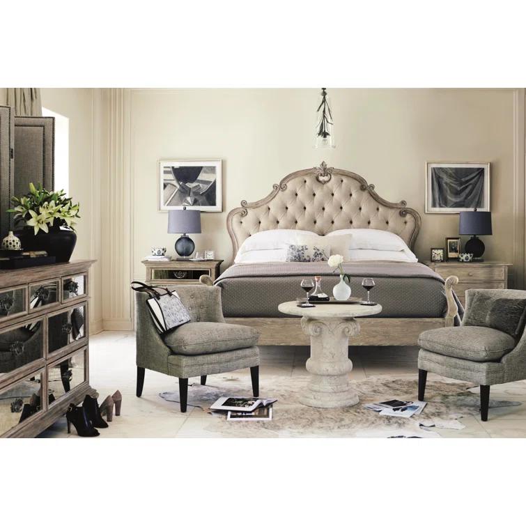 Weathered Oak King Bed with Tufted Upholstered Headboard