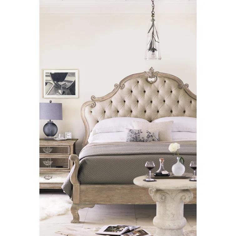 Weathered Oak King Bed with Tufted Upholstered Headboard