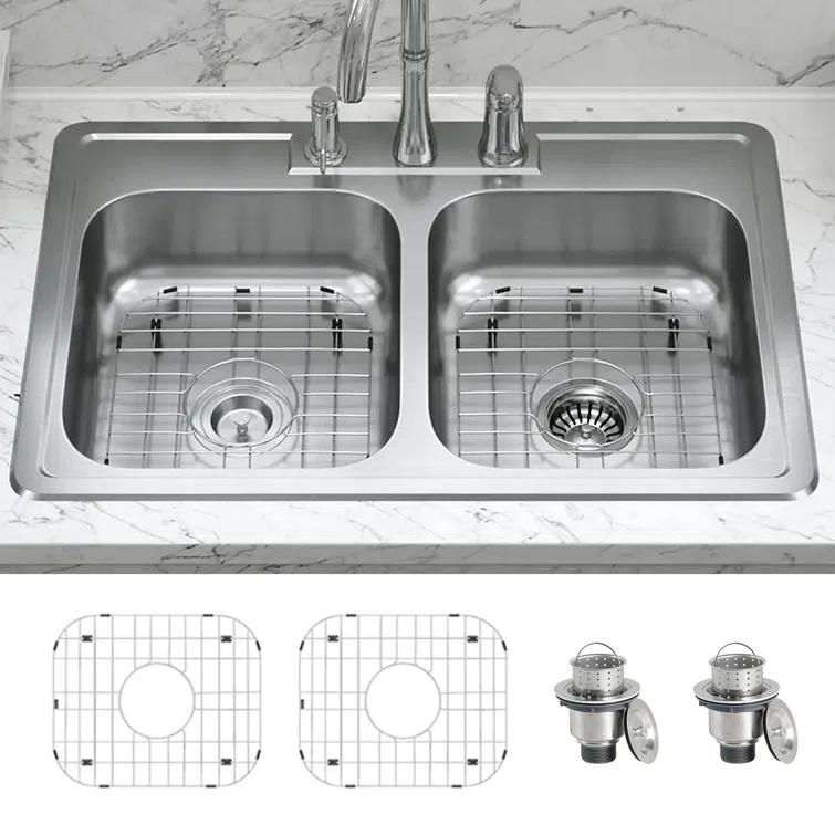 KDK HOME KH-3322T+Grid KDK HOME 33" x 22" Drop In Kitchen Sink 50/50 Double Bowl Sink with Bottom Grid & Basket Strainer