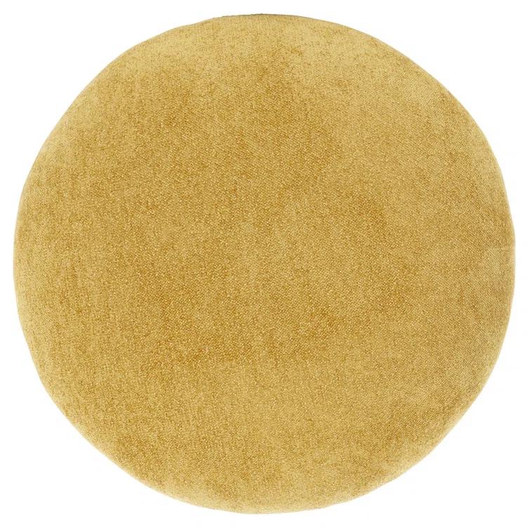 Mustard Yellow Upholstered Round Ottoman with Solid Wood Base