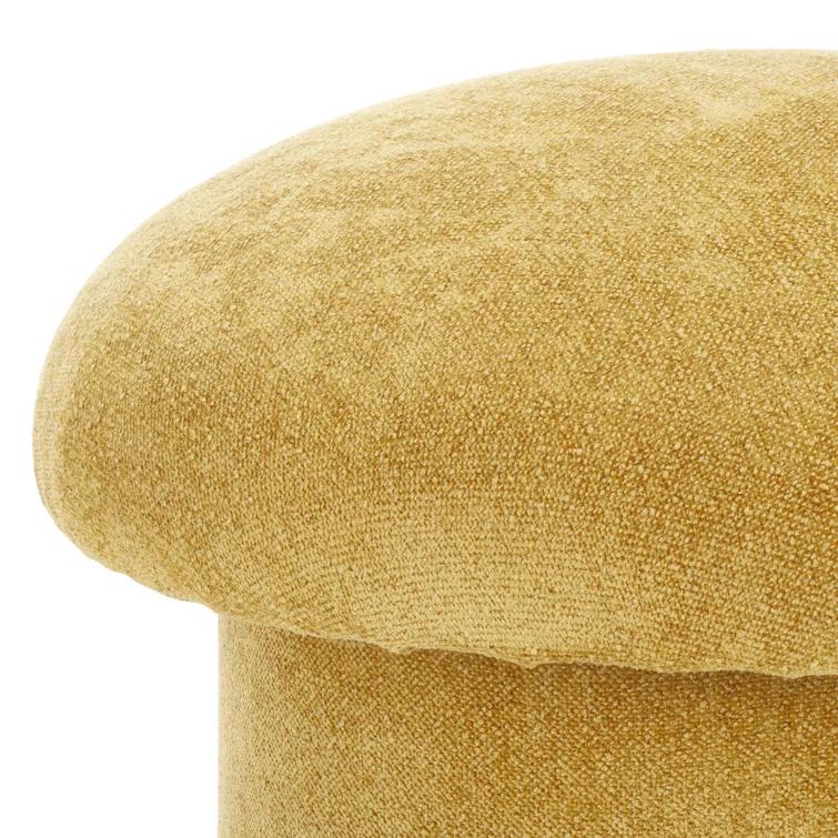 Mustard Yellow Upholstered Round Ottoman with Solid Wood Base