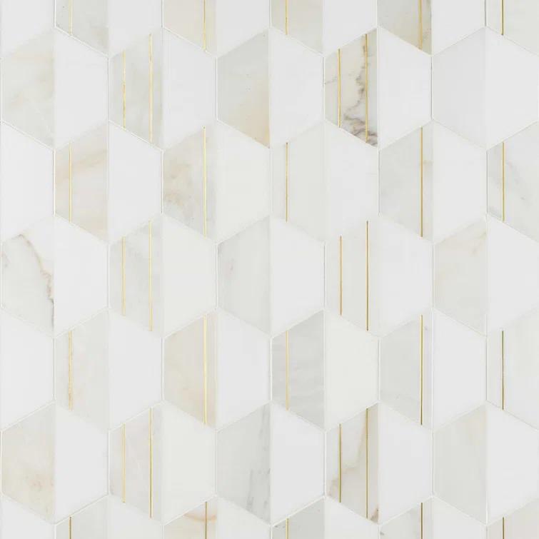 Meld 10.43" x 12.04" Marble and Brass Mosaic Hexagon Tile (0.87 Sq. Ft. / Sheet)