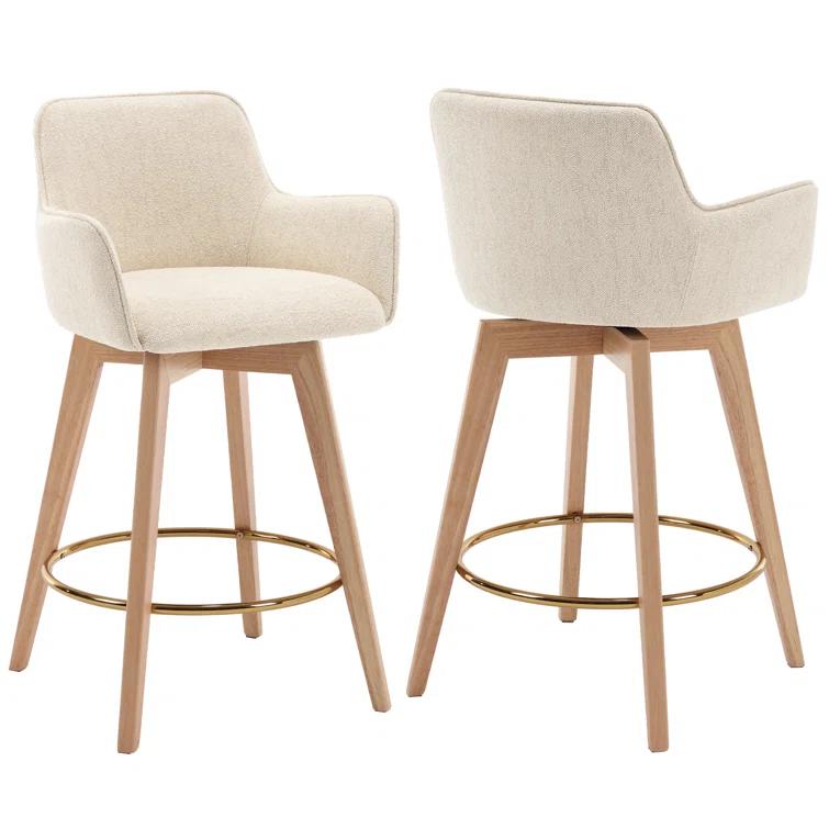Lovetro Swivel Full Back Arms Upholstered 25.8"H Counter Stool with Solid Rubberwood Frame and Gold Footrest
