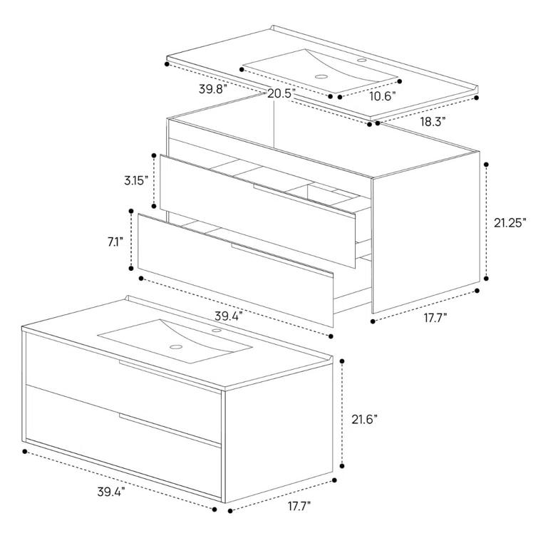 Demeter Art Chrome 40 in. W x 18.1 in. D x 22.8 in. H Deco Wall Mounted Vanity with Single Sink and White Ceramic Top
