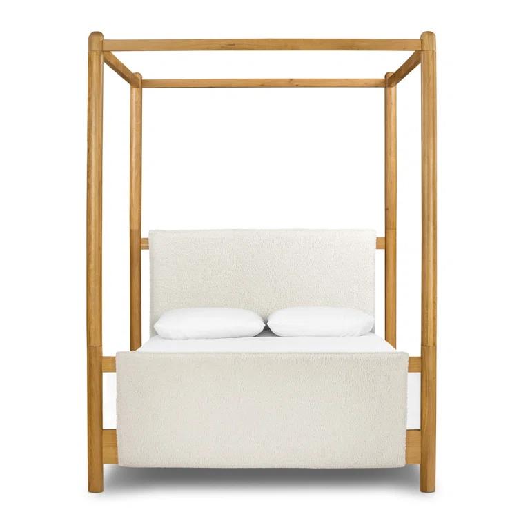 Light Oak Upholstered Queen Canopy Bed with Faux Shearling Headboard