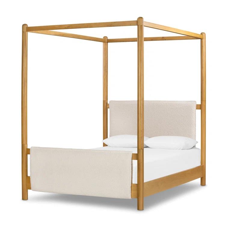 Light Oak Upholstered Queen Canopy Bed with Faux Shearling Headboard