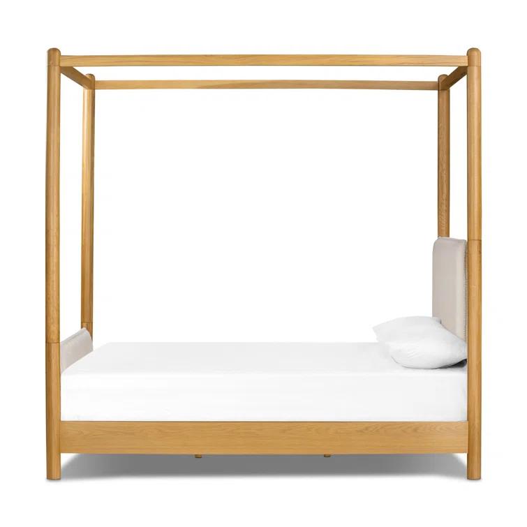 Light Oak Upholstered Queen Canopy Bed with Faux Shearling Headboard