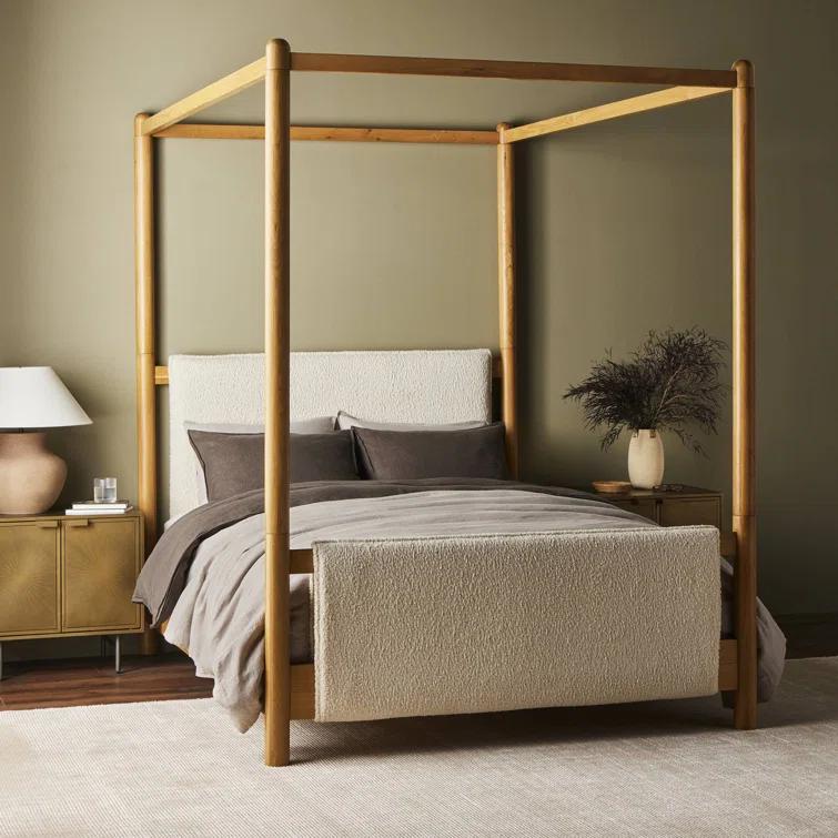Light Oak Upholstered Queen Canopy Bed with Faux Shearling Headboard
