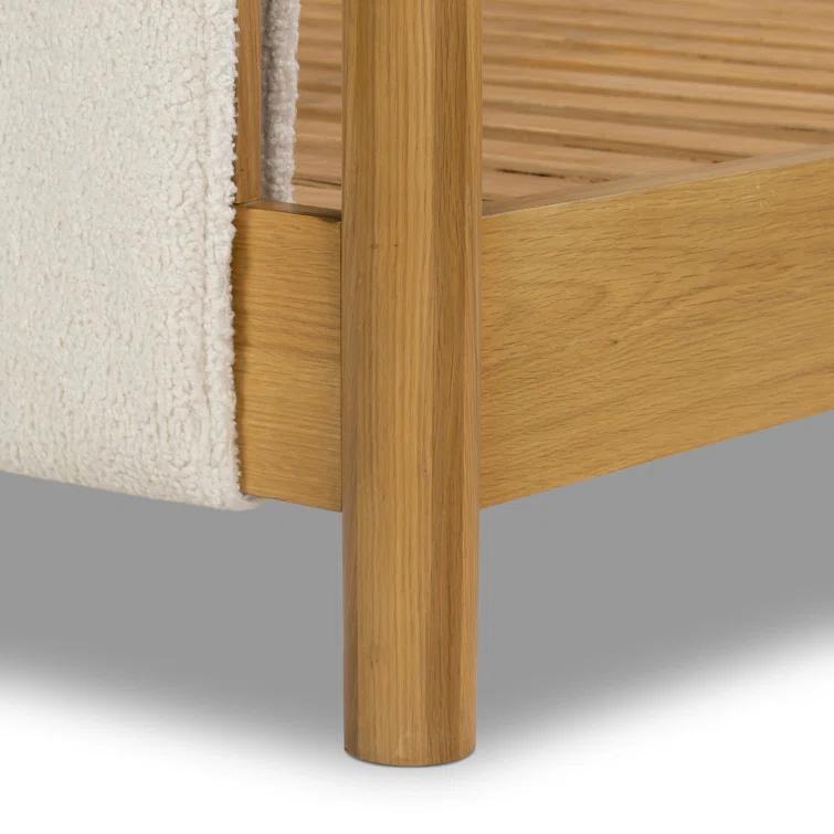 Light Oak Upholstered Queen Canopy Bed with Faux Shearling Headboard