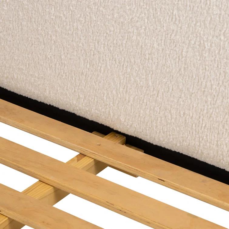 Light Oak Upholstered Queen Canopy Bed with Faux Shearling Headboard
