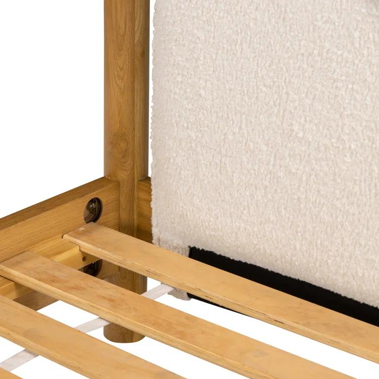 Light Oak Upholstered Queen Canopy Bed with Faux Shearling Headboard