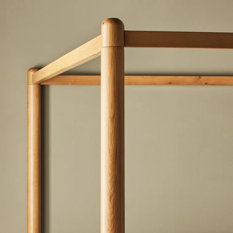 Light Oak Upholstered Queen Canopy Bed with Faux Shearling Headboard