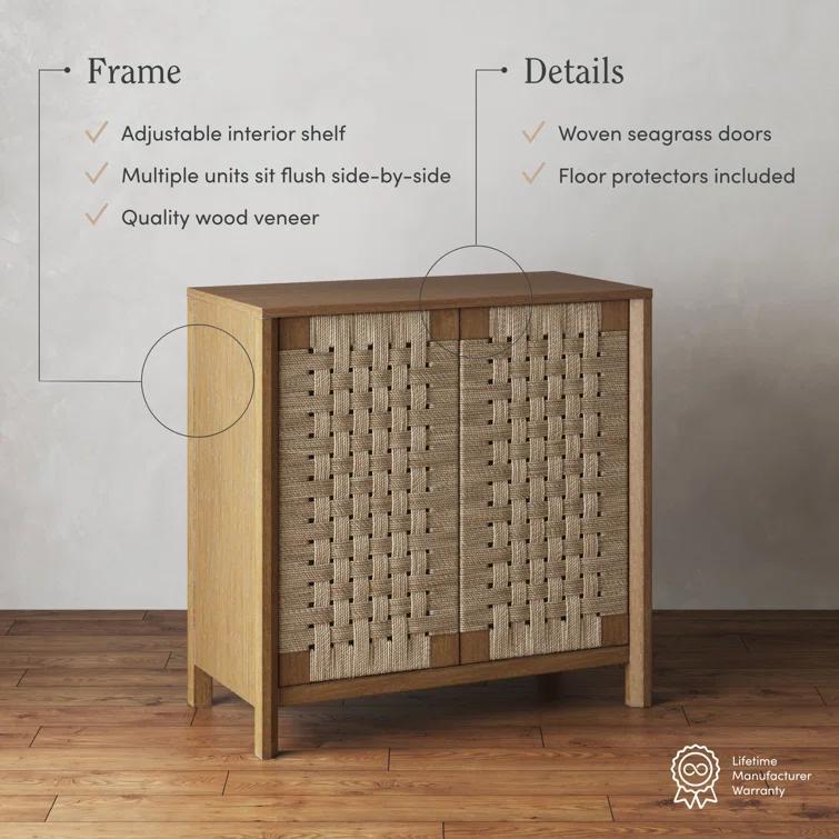 Rustic Wood TV Stand Cabinet With Seagrass Door Panels