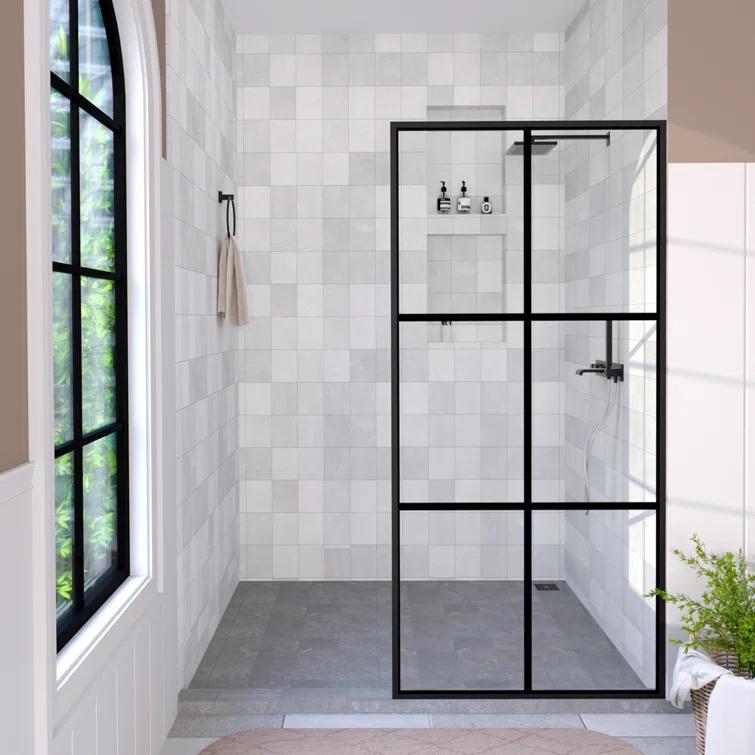 Hermitage Bath Hilma 34 In. W X 72 In. H Fixed Framed Shower Door In Matte Black Finish With Patterned Glass 1010A-HBMB