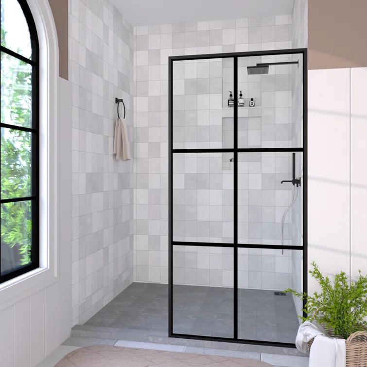 Hermitage Bath Hilma 34 In. W X 72 In. H Fixed Framed Shower Door In Matte Black Finish With Patterned Glass 1010A-HBMB