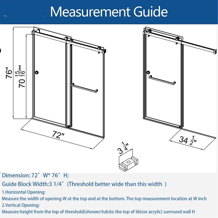 MCOCOD DS01H-7276-BR 72" W x 76" H x 2/5" THK Tempered Glass Double Smooth Sliding Frameless Shower Door with Towel Bar Handle & Knob & Anti-Collision Function