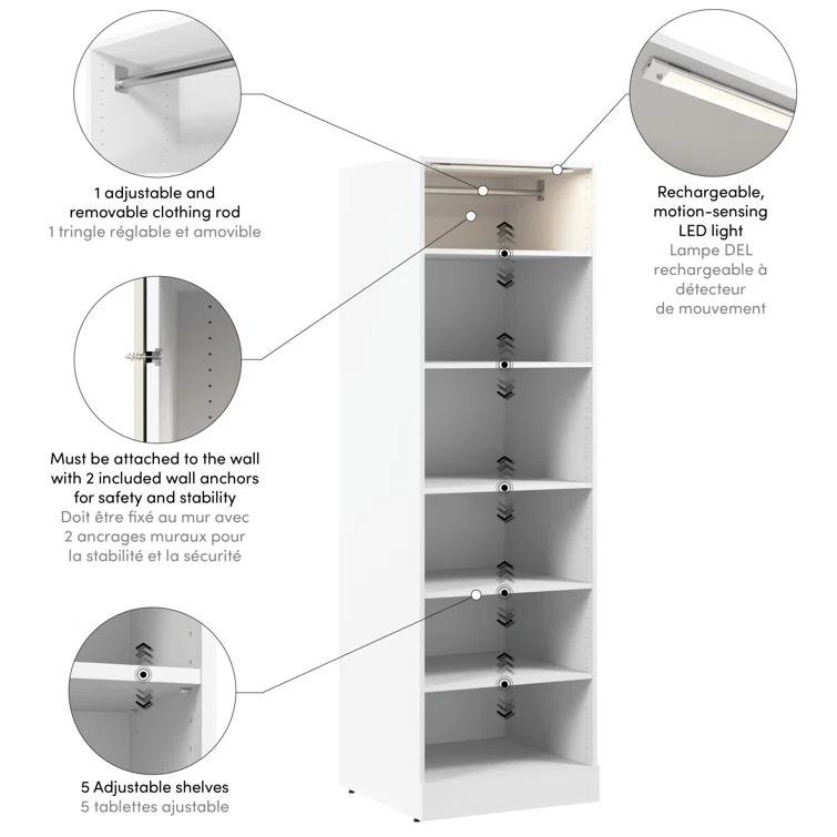 Florence Modular Reach-In Or Walk-In Closet System Tower With LED Light And Shelves