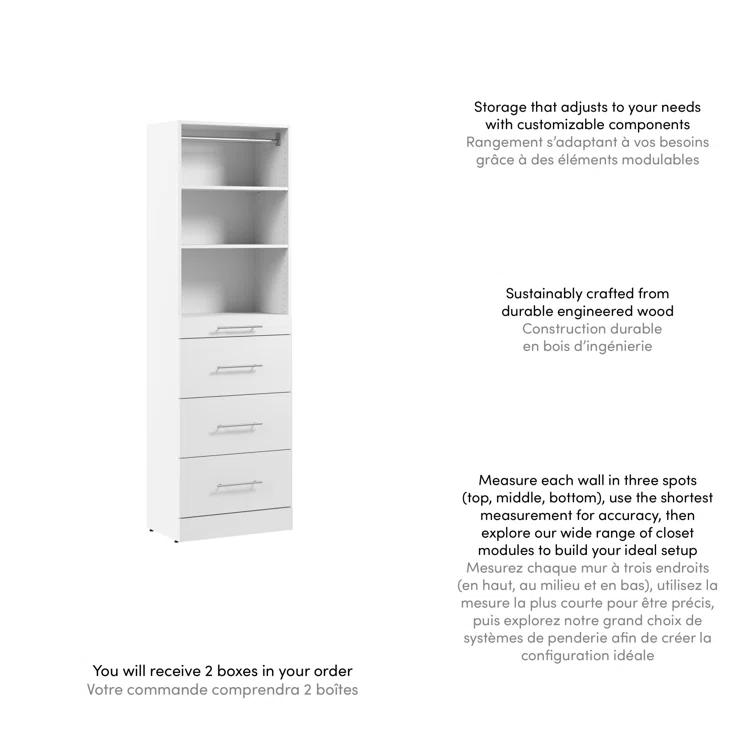 Bestar Florence Modular Reach-In Or Walk-In Closet System Tower With Shelves And 4 Drawers, Slab Style