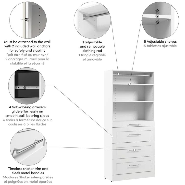 Florence Modular Reach-In Or Walk-In Closet System Tower With Shelves And 4 Drawers, Shaker Style
