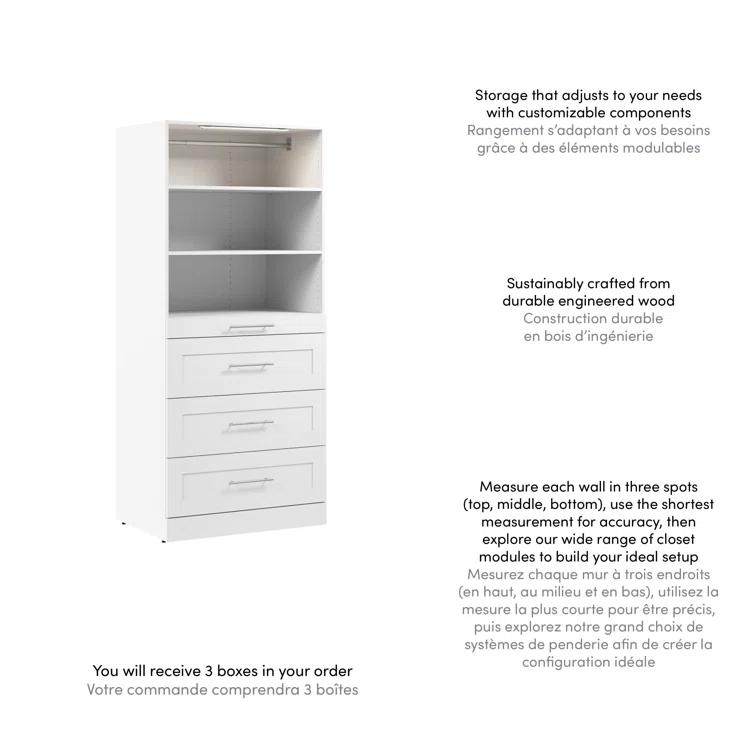 Bestar Florence Modular Walk-In Closet System Tower With LED Light, Shelves And 4 Drawers, Shaker Style