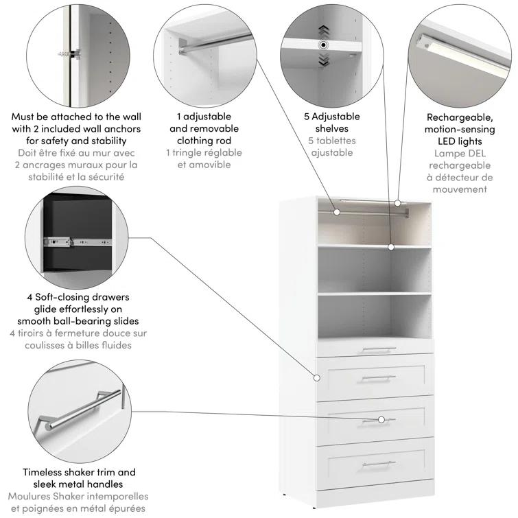 Bestar Florence Modular Walk-In Closet System Tower With LED Light, Shelves And 4 Drawers, Shaker Style