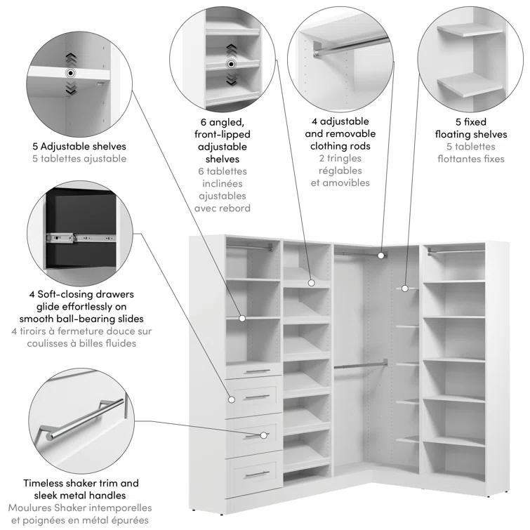 Florence 85W X 60D Modular L Shaped Walk-In Closet System With Rods, Drawers, And Shoe Shelves, Shaker Style