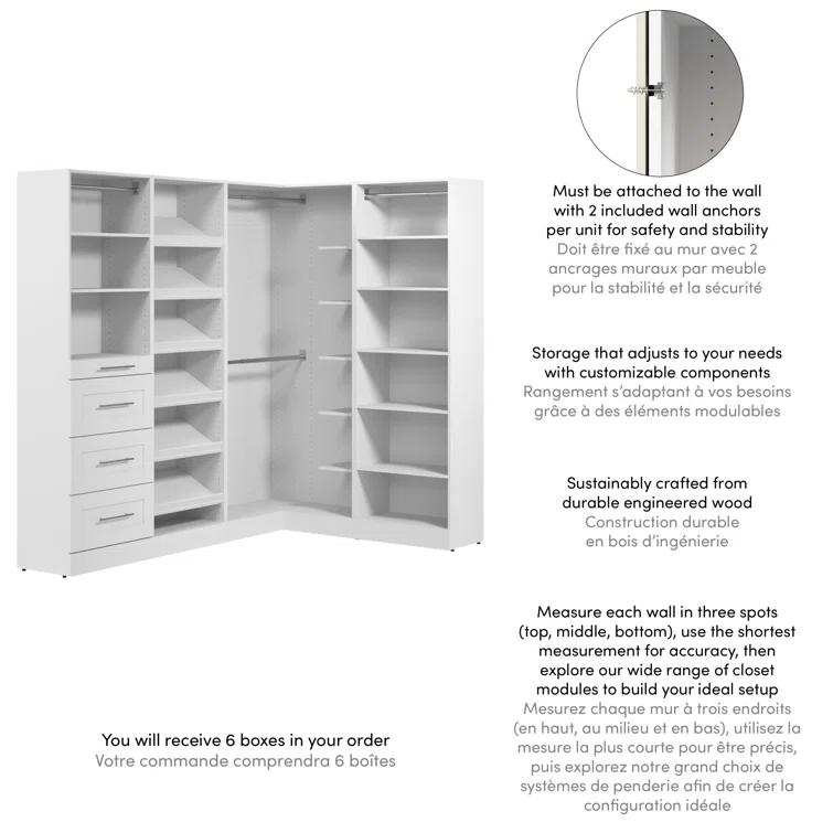 Florence 85W X 60D Modular L Shaped Walk-In Closet System With Rods, Drawers, And Shoe Shelves, Shaker Style