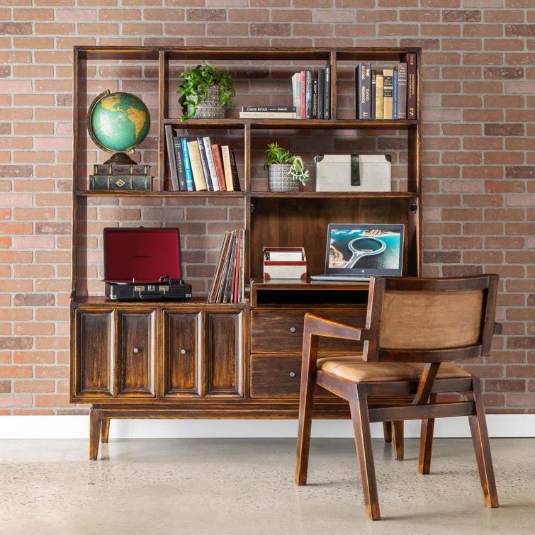 Brown Pine Wood Etagere Bookcase with Hidden Desk