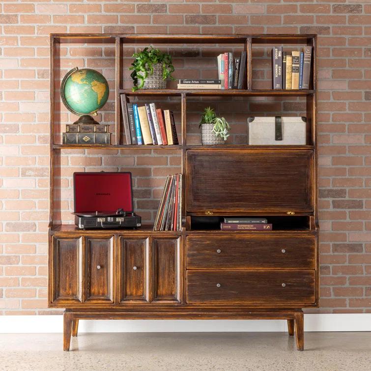 Brown Pine Wood Etagere Bookcase with Hidden Desk