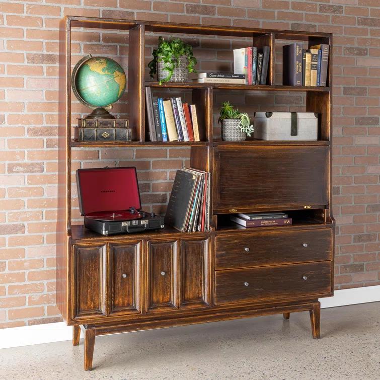Brown Pine Wood Etagere Bookcase with Hidden Desk