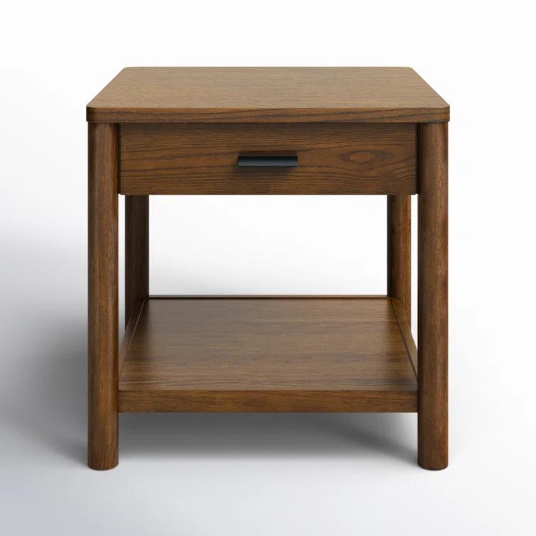 Medium Oak Wood and Metal End Table with Storage Drawer