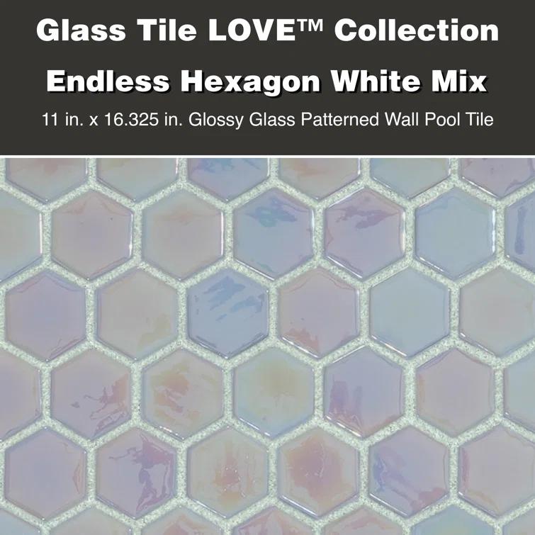 Glass Tile Love White Hot Love 11 in. X 16.325 in. Hexagonal Glass Mosaic Tile (10.76 sq. ft./case), Ideal for Kitchen Tile, Backsplash Tile, Bathroom Tile, and Pool Tile