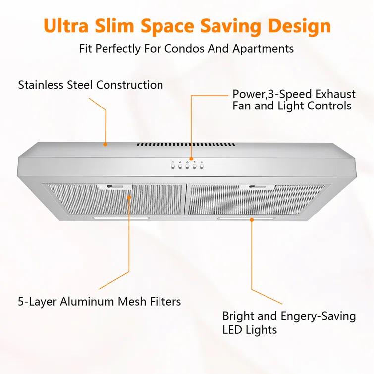 Streamline 30 In. T-3007-1-DL Savona Ductless Undermount 80 CFM Range Hood In Brushed Stainless Steel With Mesh Filters, Push Button Control, LED Light