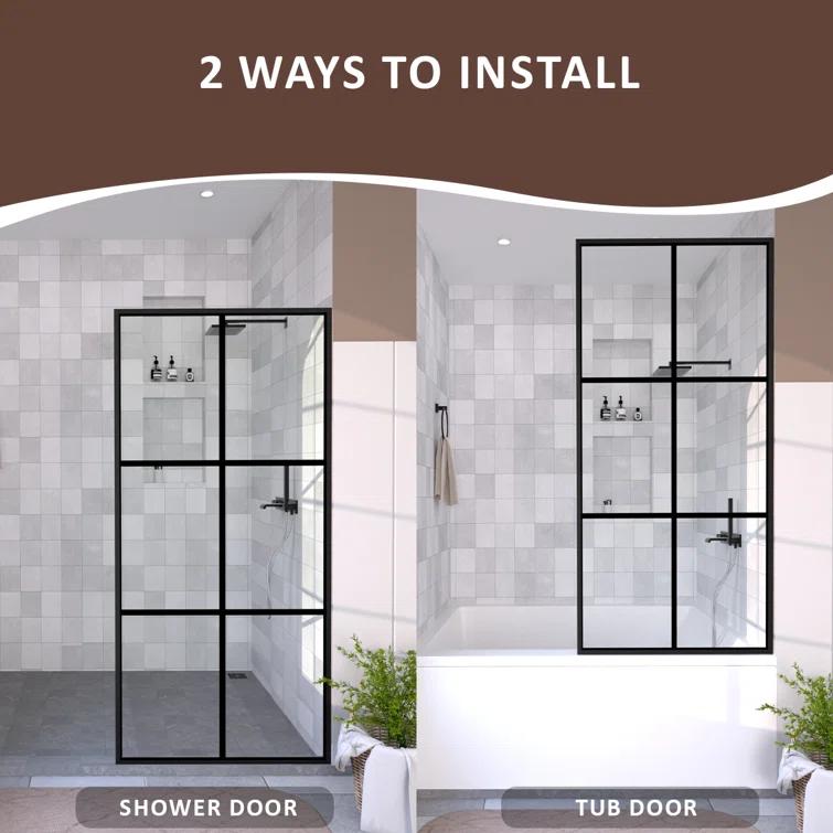 Hermitage Bath Hilma 34 In. W X 72 In. H Fixed Framed Shower Door In Matte Black Finish With Patterned Glass 1010A-HBMB