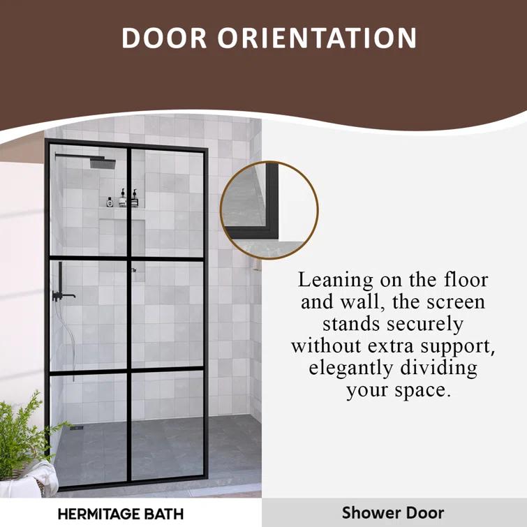 Hermitage Bath Hilma 34 In. W X 72 In. H Fixed Framed Shower Door In Matte Black Finish With Patterned Glass 1010A-HBMB