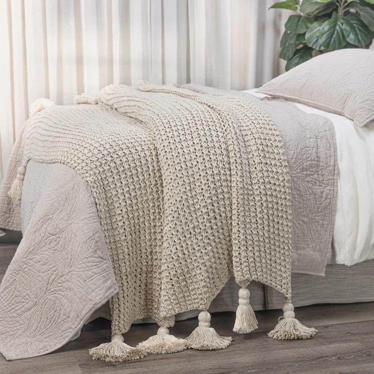 Beige Cotton Knitted Throw Blanket with Tassels