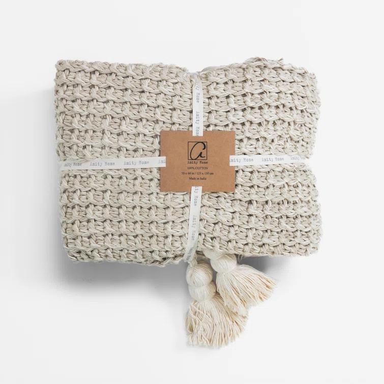 Beige Cotton Knitted Throw Blanket with Tassels