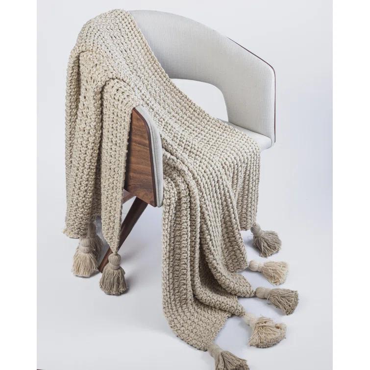 Beige Cotton Knitted Throw Blanket with Tassels
