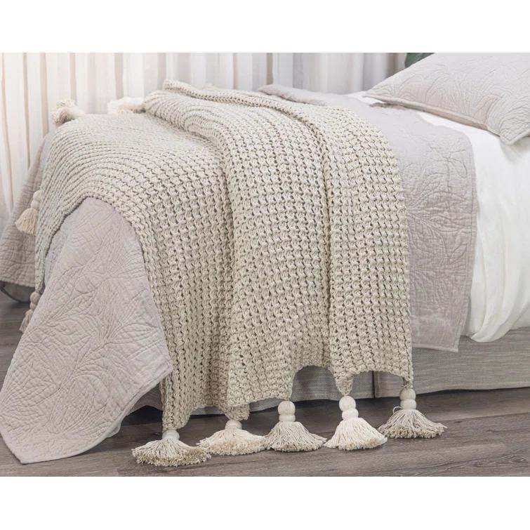 Beige Cotton Knitted Throw Blanket with Tassels