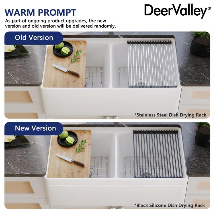 DeerValley 33" L X 20" W Double Basin Workstation Farmhouse Kitchen Sink With Sink Grid, Cutting Board And Dish-Drying Rack