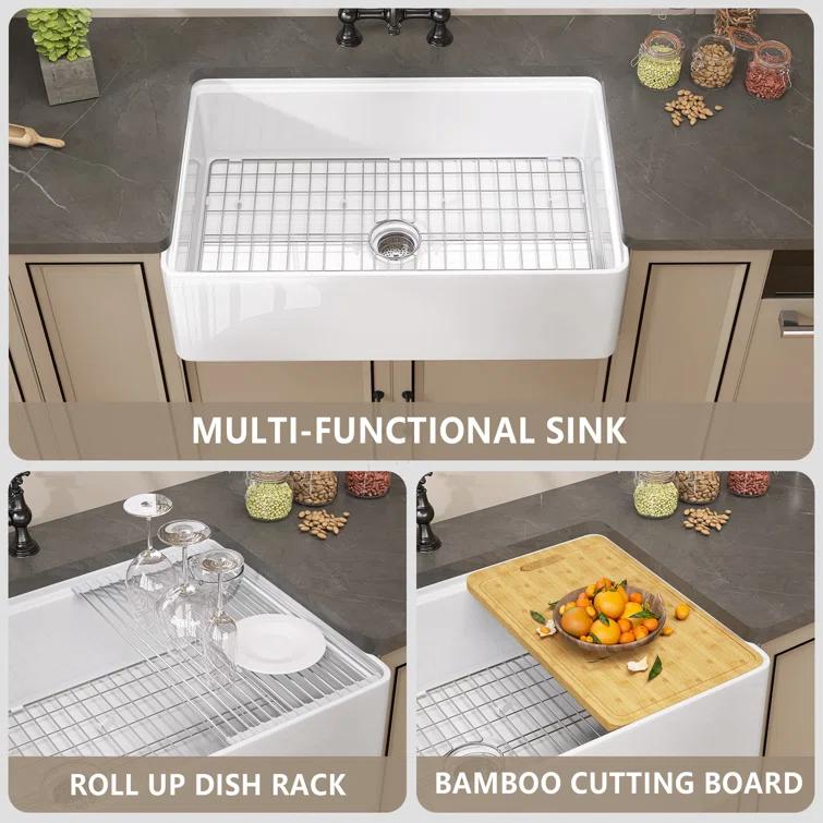 Pure 33 in. Workstation White Kitchen Sink Apron Front Fireclay Farmhouse Sink Single Bowl with Accessory Kit